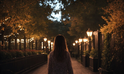 A woman walks along a park street lit by lanterns in the evening twilight. Back view