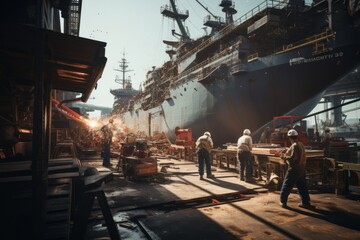  Shipyard With Workers Welding And Constructing, Generative AI