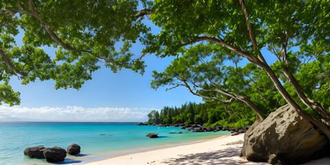 Relaxing scenic beach spring summer by green foliage of trees and rocks view on seaside