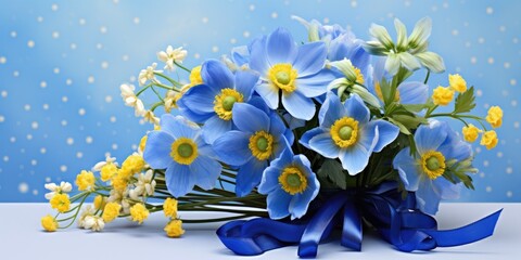 Vibrant Spring Bouquet of Blue Flowers - Anemone, Hepatica, Scilla, and Yellow Gagea, Generative AI Digital Illustration - obrazy, fototapety, plakaty