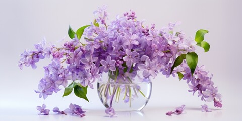 Delicate Lilac Flower Bouquet in a Transparent Glass Vase, Standing Gracefully on a White Background Generative AI Digital Illustration