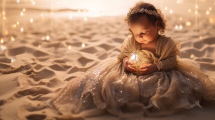 A newborn cute baby sleeps in a beautiful dress on the shore of a sandy sea beach at dawn. Created in AI.	
