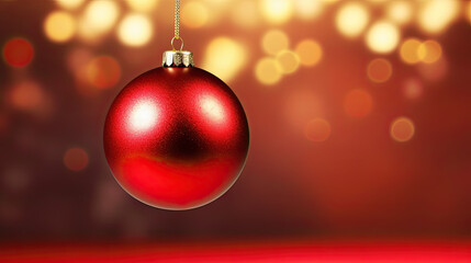 Fototapeta premium Christmas border with fir branches and decoration ornaments elements on red background. Bright Christmas and New Year background light garlands, gold confetti.