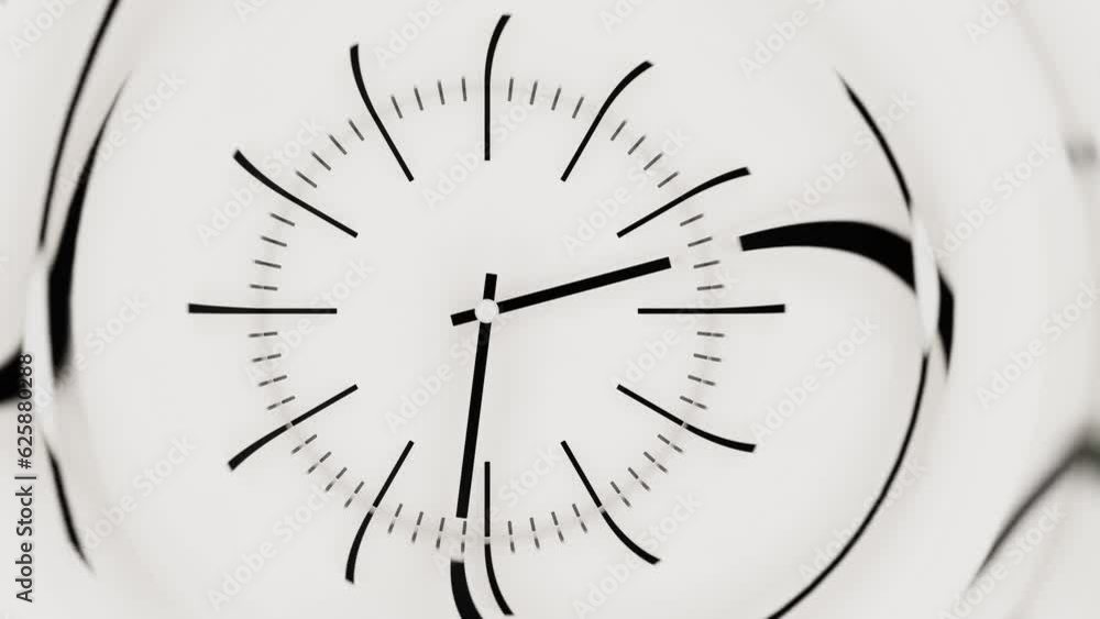 Poster mechanical watch dial with rotating black hands and reflections on the sides. time lapse animation. 