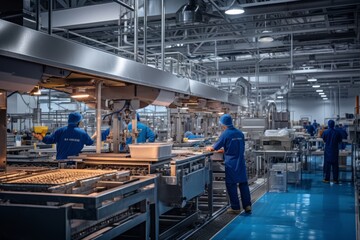 Food Processing Plant With Workers, Generative AI - obrazy, fototapety, plakaty