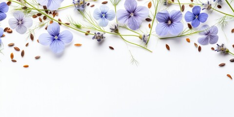 A Delicate Arrangement of Flowers and Flax Seeds, Commonly Known as Common Flax or Linseed.  Generative AI Digital Illustration