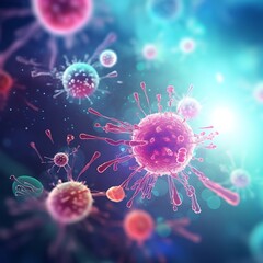 abstract bacteria, probiotics, gram-positive bacteria, and viruses of various shapes against a light background. Generative AI