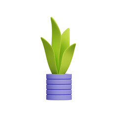 Flower, plant with leaves in pot. Gardening concept. Ecology, bio and natural products concept. 3d icon, Cartoon style. Transparent 3d illustration