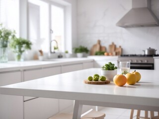 Fototapeta na wymiar White table with white unfocused kitchen background, Ai Generative
