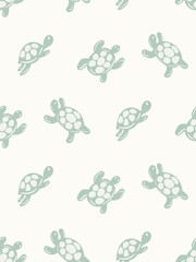 Turtles forming turtle race seamless vector pattern in a palette of mint blue and off white. Great for home decor, fabric, wallpaper, gift wrap, stationery, design projects.
