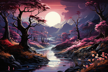 Beautiful landscape of in fairy purple pink forest against the backdrop of the moon and mountains. Generative AI