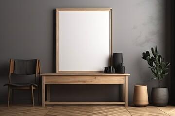 Blank white wooden photo frame mockup, modern room interior, living room design.