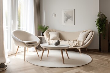 Fototapeta na wymiar Modern living room interior with cream armchair, sofa and table, cozy space to relax.