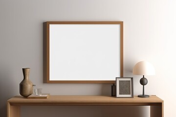 Blank wooden photo frame mockup on the wall in a modern home.