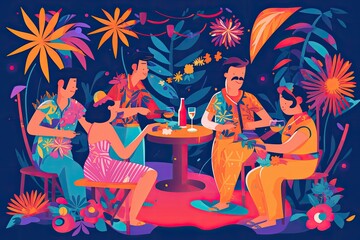 A vivid image of a Hawaiian-style New Year's party, the fun and excitement of a tropical holiday. Friends are sitting at the festive table.