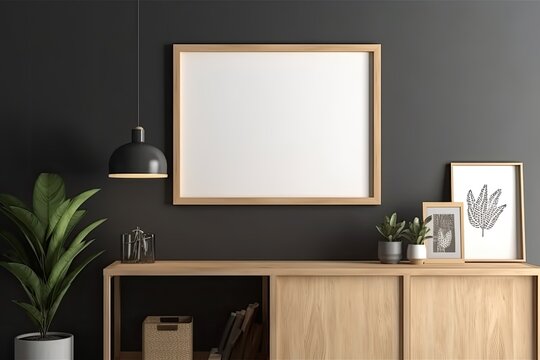 Fototapeta Blank wooden photo frame mockup on the wall in a modern home.