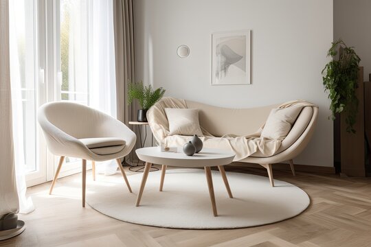 Modern living room interior with cream armchair, sofa and table, cozy space to relax.