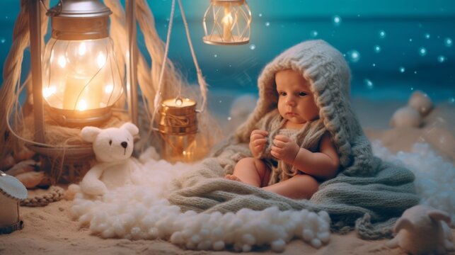 A newborn baby is looking at us, the child is sitting in a photo area on a sandy seashore with flashlights. Created in AI.	
