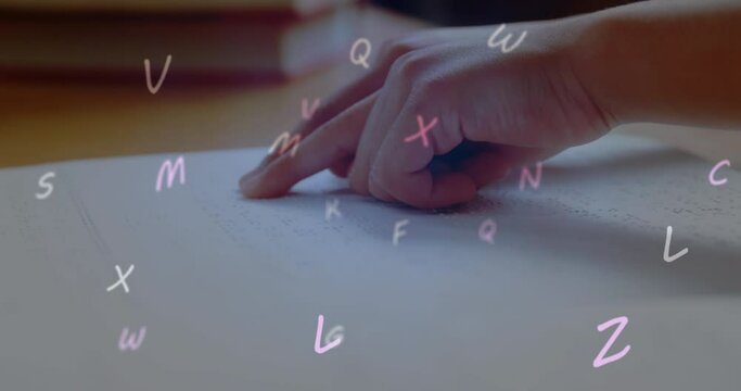 Animation of letters and numbers over caucasian schoolchild reading braille