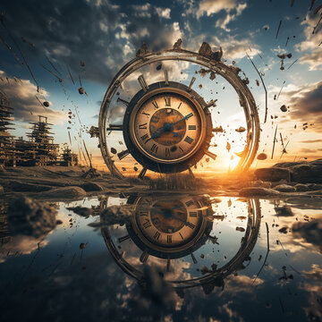 A Stunning Illustration of a Time Depicting Clock Structure Out in the Open at Sunset with a Water Puddle Reflection