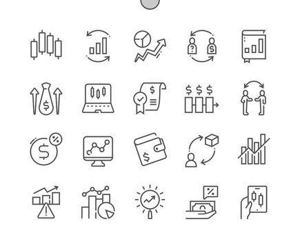 Trading. Annual report. Trading strategy. Frequency, wallet, buy. Stock market investment. Pixel Perfect Vector Thin Line Icons. Simple Minimal Pictogram