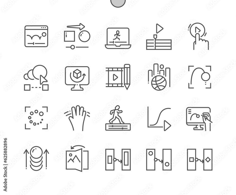 Poster animation. motion design. new page. scale, position, rotation. pixel perfect vector thin line icons.