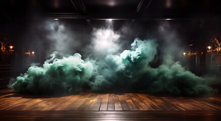 blue and green smoke envelops a wooden floor 