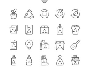 Reuse. Zero waste lifestyle. Recycling clothes. Plastic bag. Waste oil. Food containers. Pixel Perfect Vector Thin Line Icons. Simple Minimal Pictogram