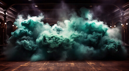 blue and green smoke envelops a wooden floor 