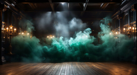 blue and green smoke envelops a wooden floor 