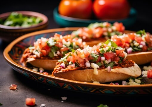 molletes on a terracotta plate with refried beans, cheese, and pico de gallo toppings artistically arranged on the top
