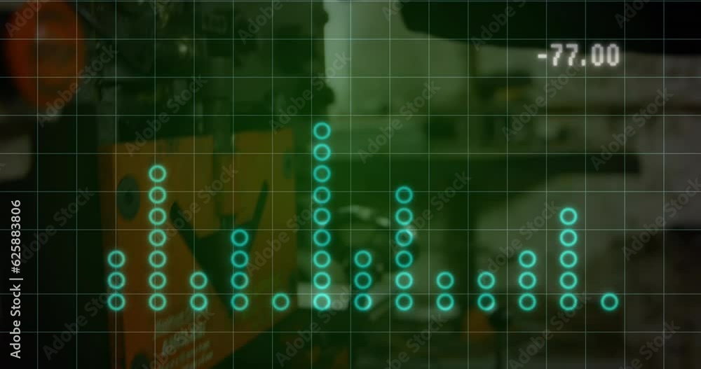 Poster animation of financial data processing and statistics over caucasian man working in factory