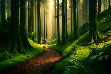 Wide landscape view of dense green forest with sun rays made with Generative AI