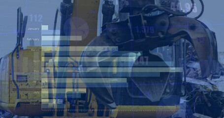 Animation of financial data processing and statistics over machinery in wasteland - Powered by Adobe