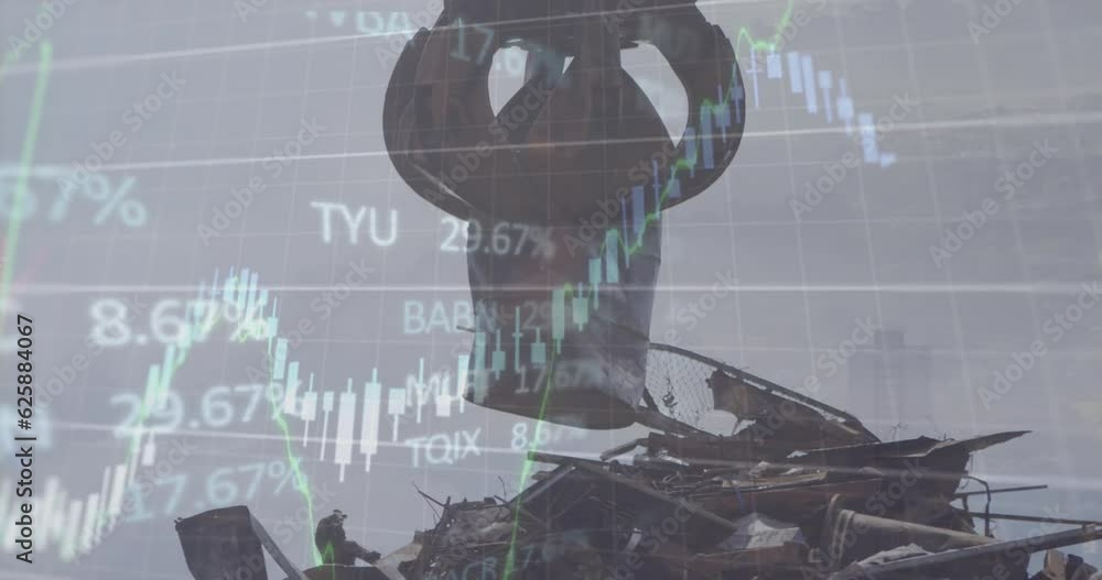 Poster animation of financial data processing and statistics over machinery in wasteland
