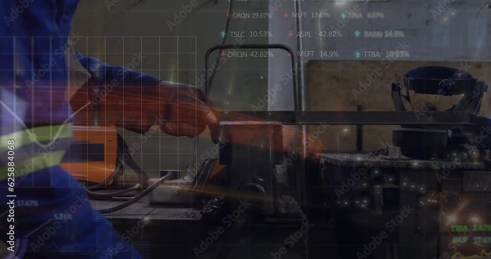 Aufkleber animation of financial data processing and statistics over caucasian man working in factory