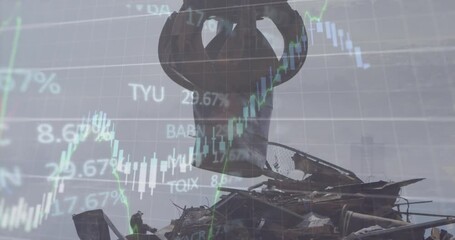 Animation of financial data processing and statistics over machinery in wasteland - Powered by Adobe