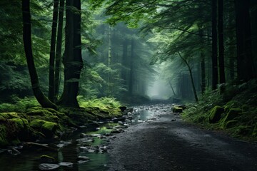 Fototapeta premium Enchanting Foggy Forest, Generative AI