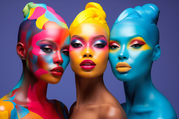 Obraz premium Three women on colorful make up fashion. Concept image on fashion and makeup. Generative AI