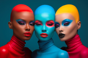 Fototapeta premium Three women on colorful make up fashion. Concept image on fashion and makeup. Generative AI