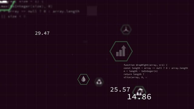 Animation of icon in hexagons over grid pattern and computer language against black background