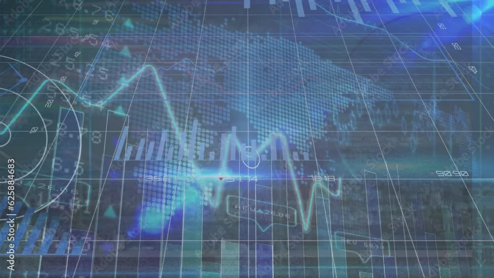 Poster animation of multiple graphs, changing numbers over graph and trading board against map