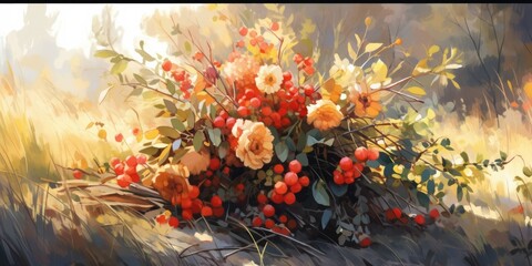 Vibrant Autumn Bouquet - A picturesque arrangement of yellow and orange flowers, red berries, and maple leaves, on lush green grass.  Generative AI Digital Illustration