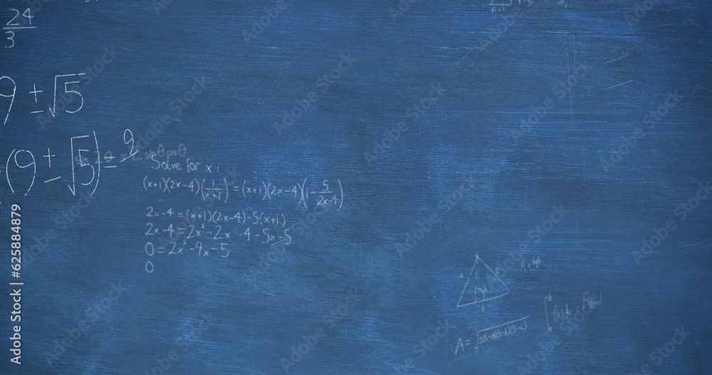 Poster animation of mathematical equations and formulas floating against blue chalkboard background