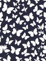 Fototapeta premium Seamless tiled repeating pattern of white butterflies, purple, purple background (generative ai)