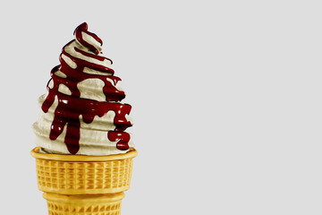 Ice cream chocolate in a waffle cone is delicious. Highly detailed 3d rendering illustration mock up front view close up. Blank Isolated on white background.
