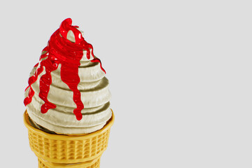 Ice cream strawberry jam in a waffle cone is delicious. Highly detailed 3d rendering illustration mock-up side view close up. Blank Isolated on white background.