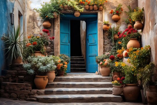 Fototapeta stairs leading to the door with a garden of potted plants around it. Generative Ai
