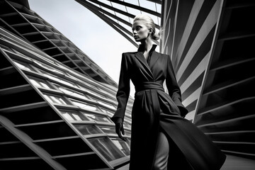 Fashion portrait of a beautiful blonde woman in a black dress, luxury black and white glamour fotography. Generative AI