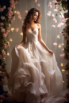 Beautiful bride in white wedding dress posing in the interior with flowers. Generative AI